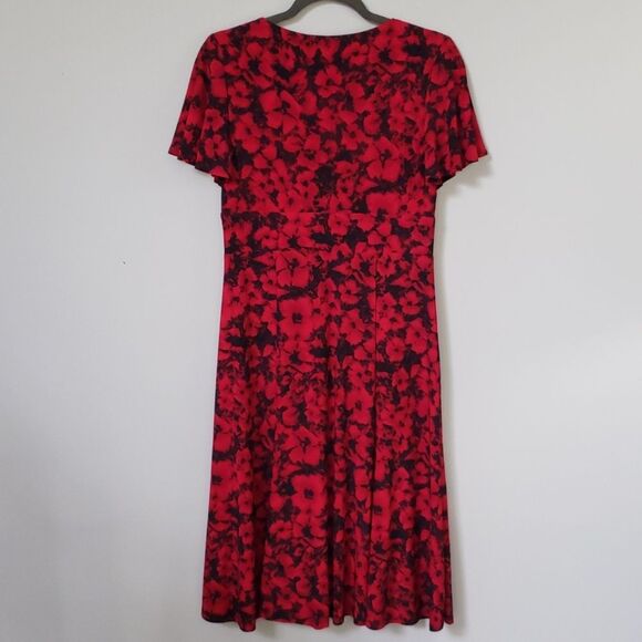 Chaps Dress Womens M Poppy Red Dark Floral Baby Doll Milkmaid Flare Skirt Retro - Picture 3 of 4